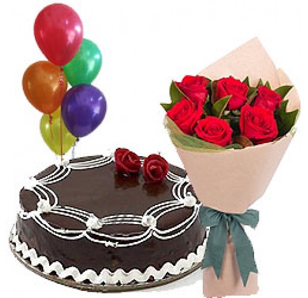 Fresh-Baked 1 Kg Chocolate Cake with 6 Red Roses and 5 Balloons